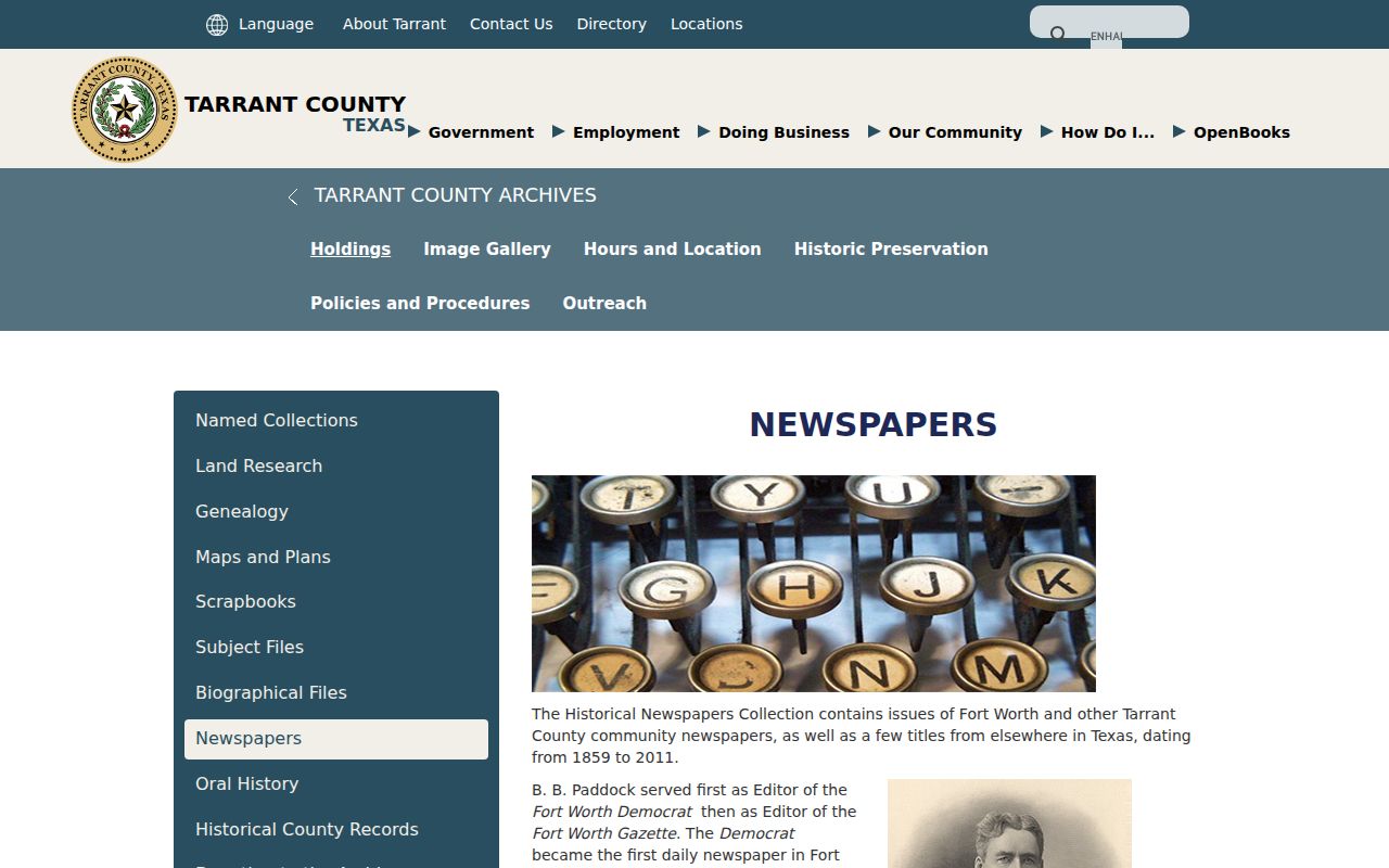 Bedford previous residents Tarrant Archives newspaper inventory