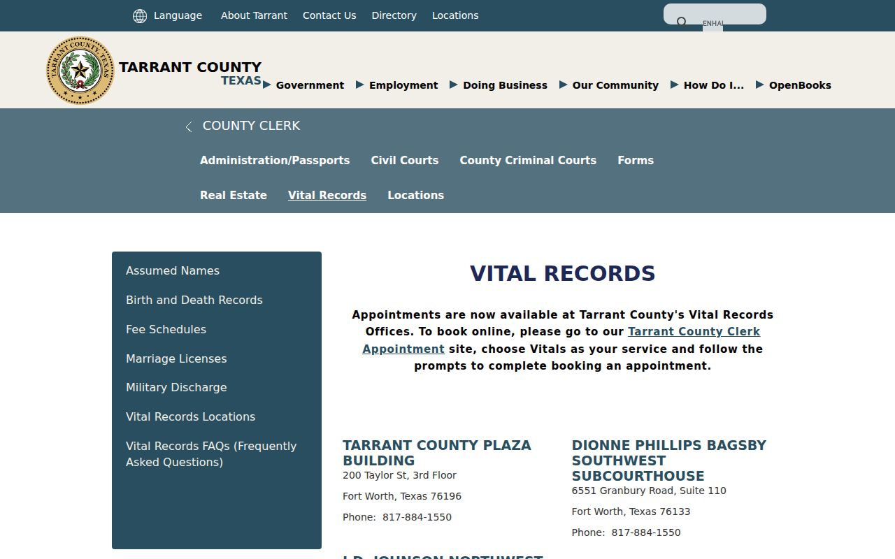 Bedford resident lookup view of Tarrant County vital-records office guidance