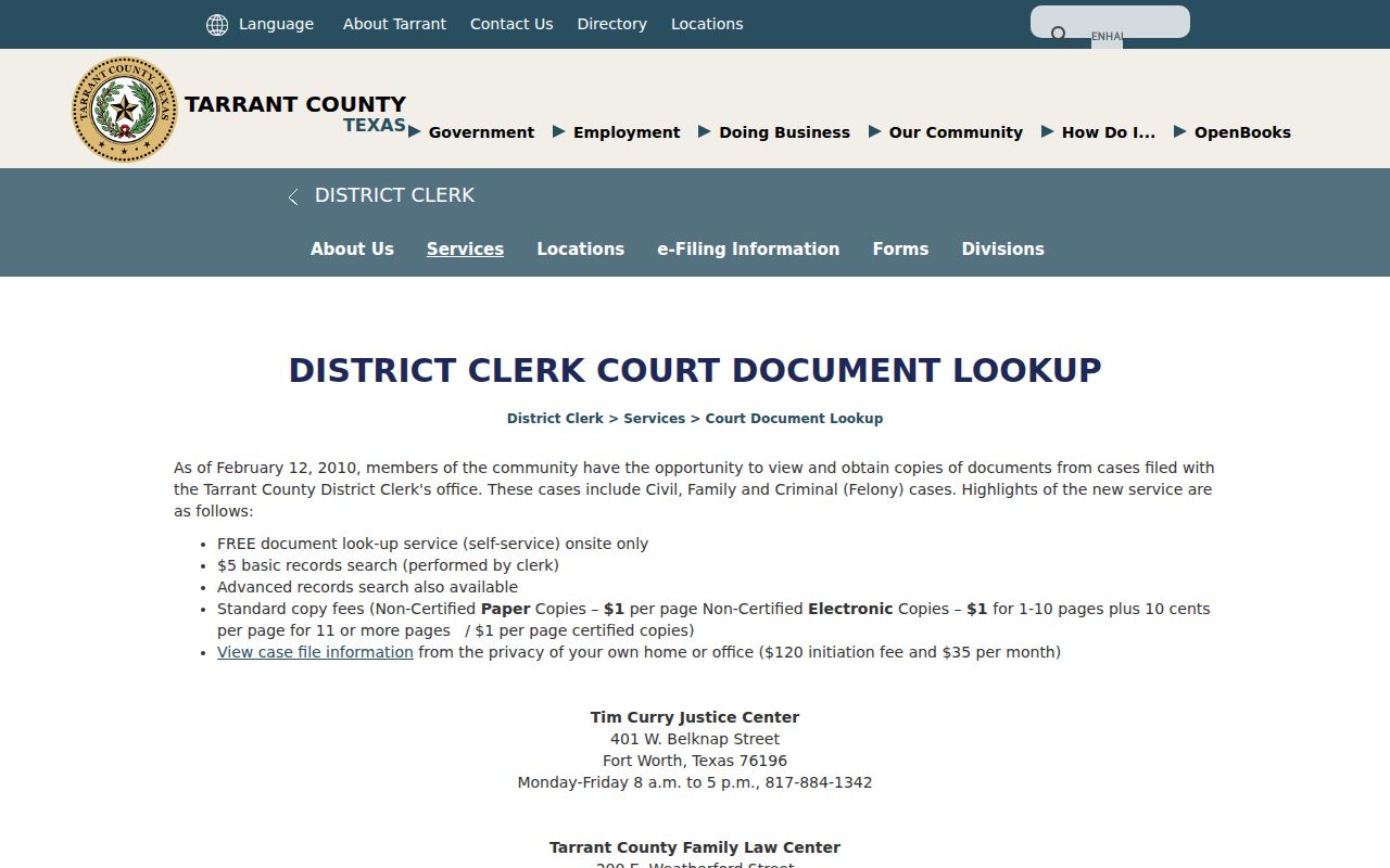 Bedford resident lookup view of Tarrant District Clerk document lookup guidance