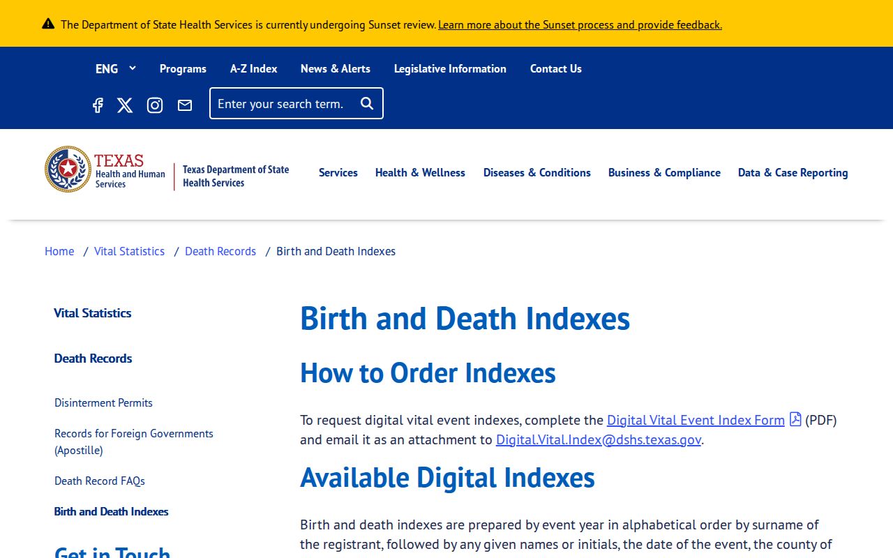 Bedford resident lookup view of Texas birth and death index information