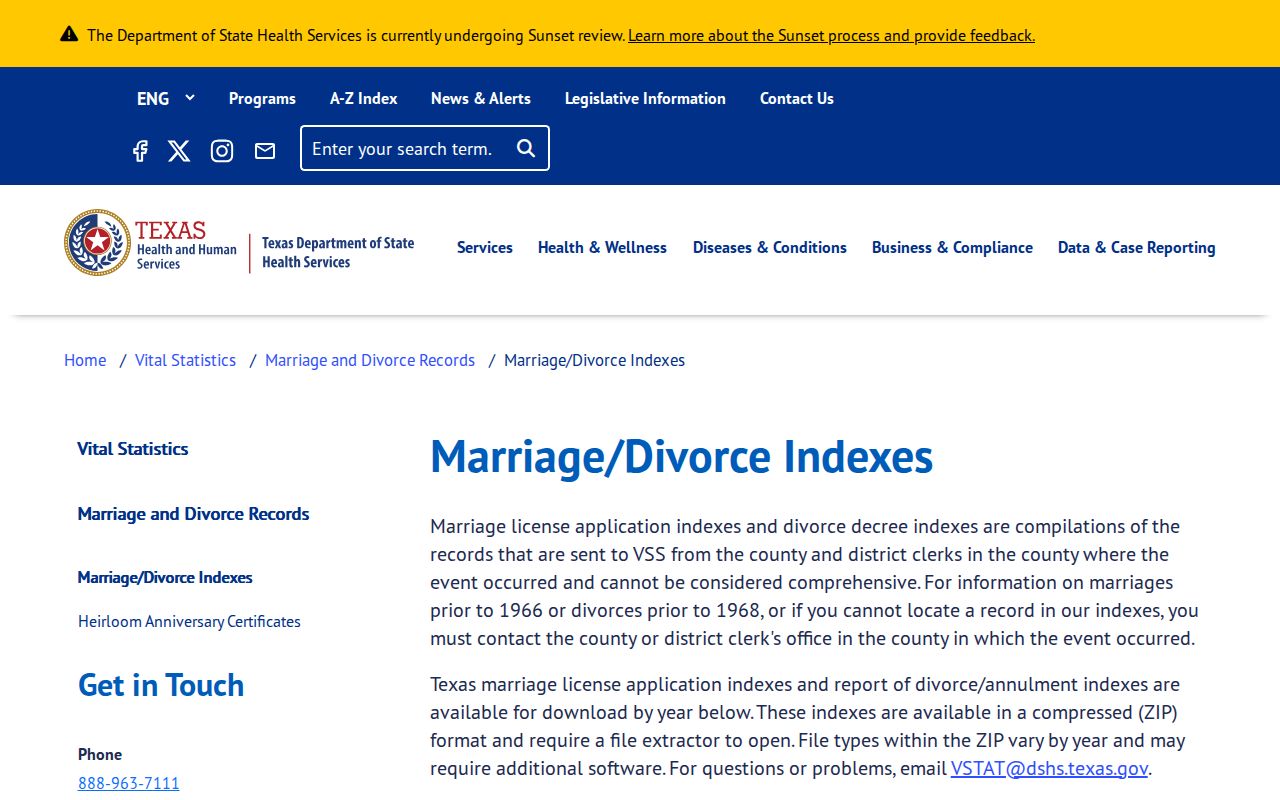 Bedford resident lookup view of Texas marriage and divorce index information