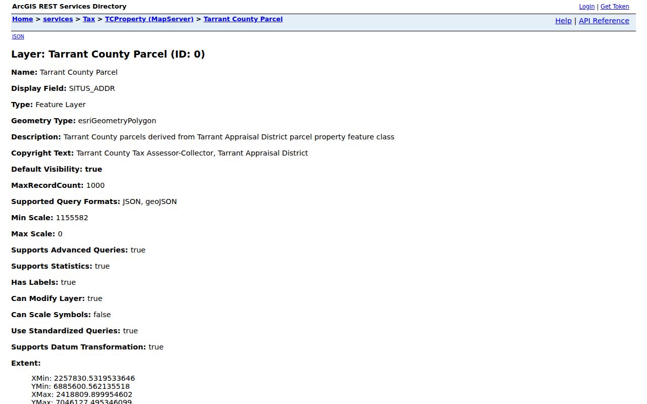 Bedford street directory Tarrant ArcGIS parcel layer fields