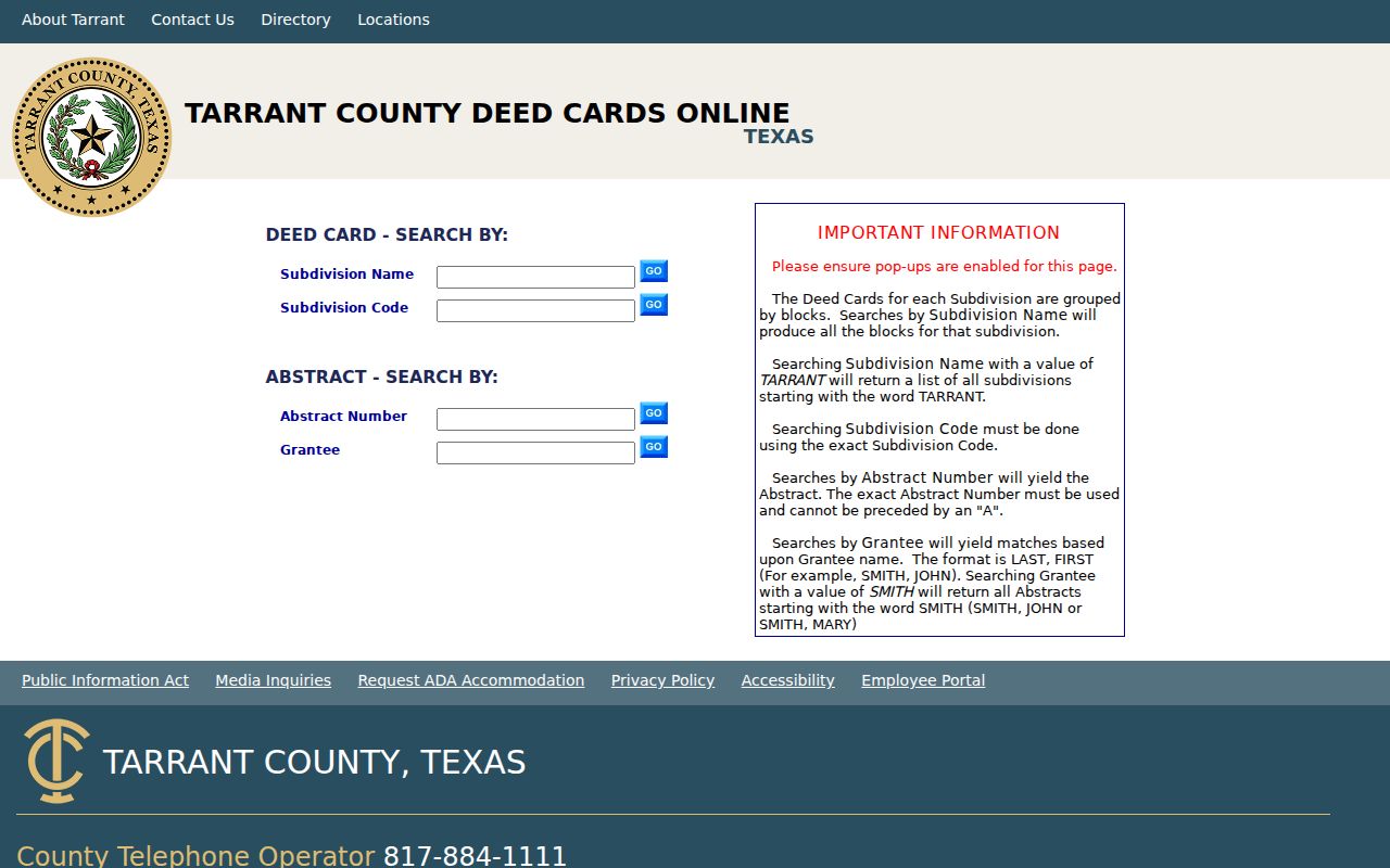 Bedford street directory Tarrant deed card search controls